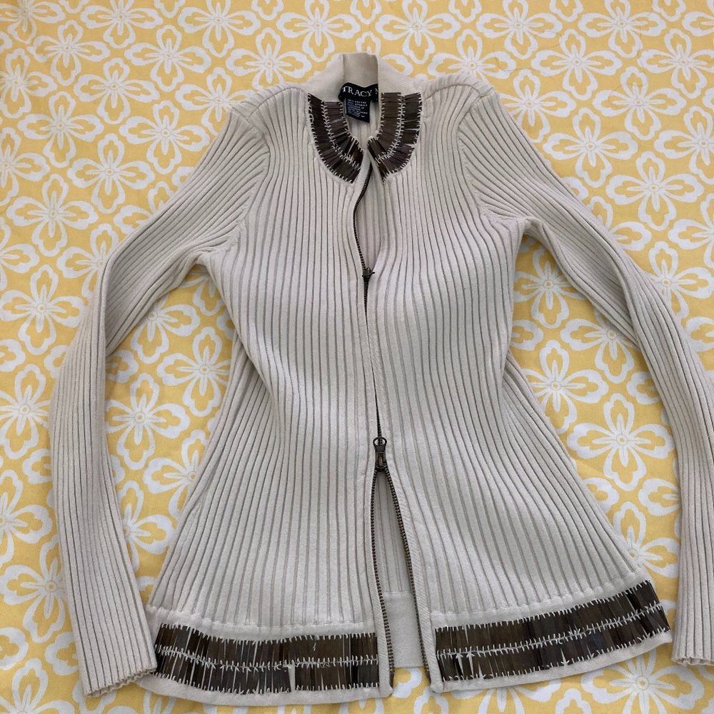 Tracy M - tan sweater with zipper and metallic trim - size M